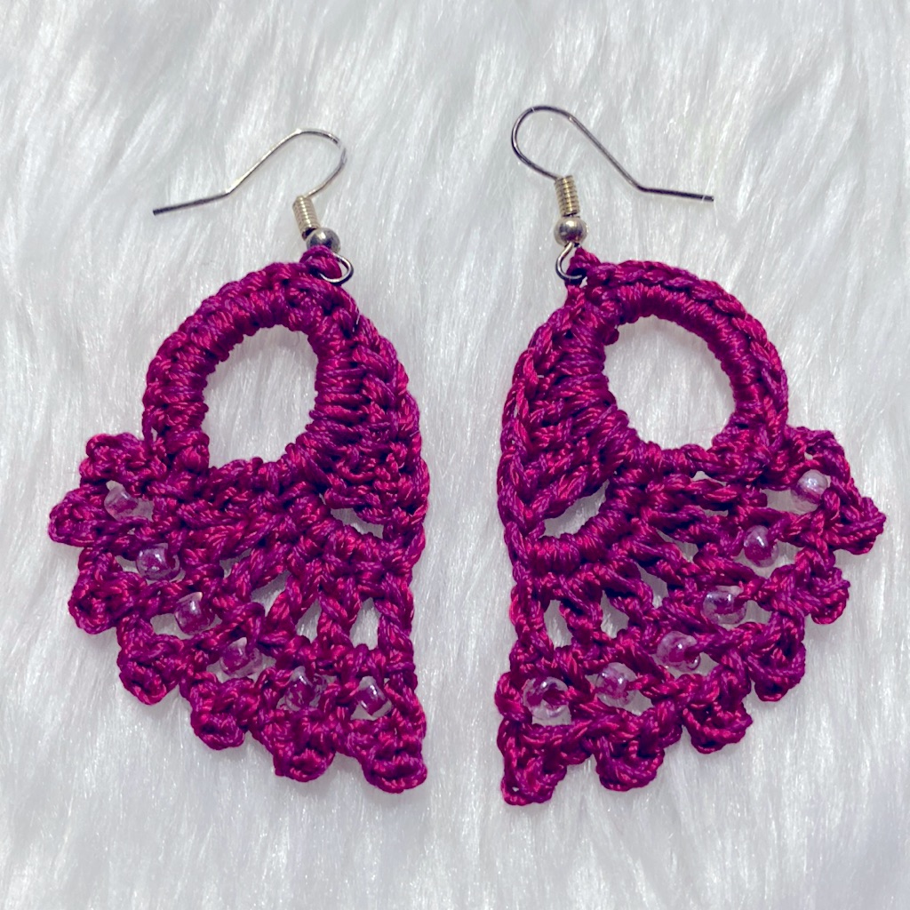 New Handmade Crochet Red Wine Beaded Dangle Earrings One Of A Kind !